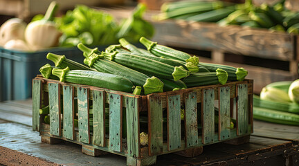 Fresh green okra in a wooden crate on a farm market table background, saturated color. Generative AI.