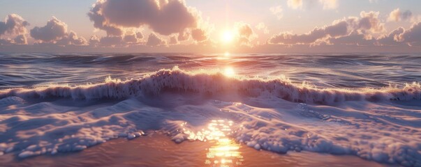 Wall Mural - Serene sunrise over a calm sea with gentle waves lapping the shore, 4K hyperrealistic photo