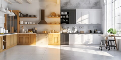 Explore the changing concept of kitchen spaces with a split comparison view of an old and newly renovated kitchen, depicting day and night timelines or the idea of switching homes