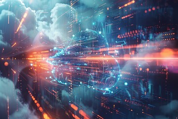 Aufkleber - A digital visualization of cloud computing with data processing and AI operations. Generative AI