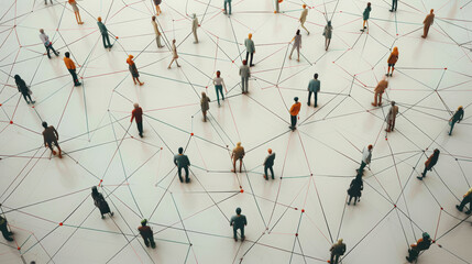 aerial shot of people standing on a large surface, connected by colorful lines, representing social 
