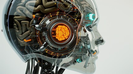 Aufkleber - A 3D rendering of a transparent robot head revealing a detailed, digital brain engine. The head is isolated on a white background. Generative AI