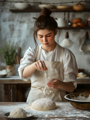 Wall Mural - Young woman Bakery chef is sprinkling white flour by one hand from the top onto a smooth ball of dough on a table.