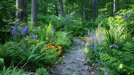 Wall Mural - enchanting woodland shade garden with native wildflowers and ferns