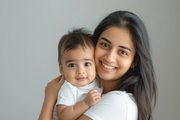 A blissfully smiling Indian mother cradles a baby boy in a white T-shirt, grey top and jeans at home. White background, white walls