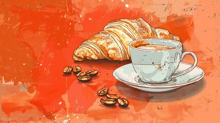 Poster - Bright hand drawn coffee croissant for breakfast