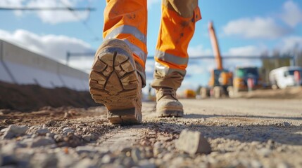 A seasoned road construction engineer,firmly secured, meticulously inspects the progress of expressway construction site, carefully traversing the terrain on foot to assess the quality and adherence 