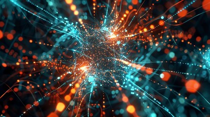 Abstract digital neural network with glowing connections, illustrating complex data transfer and artificial intelligence concepts.