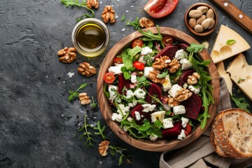 Wall Mural - Fresh beetroot salad with feta cheese and walnuts on rustic table