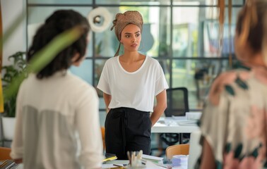 Canvas Print - a woman in a white shirt and black pants standing in front of a group of people in an office