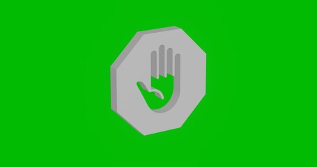 Poster - Animation of rotation of a white stop hand symbol with shadow. Simple and complex rotation. Seamless looped 4k animation on green chroma key background