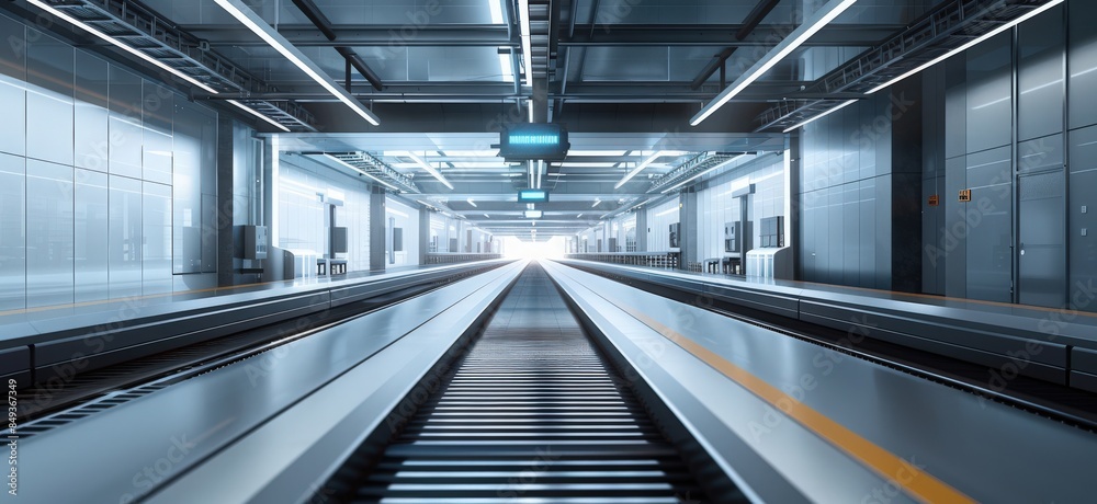 Explore the sleek interior of a modern smart factory, where an empty ...