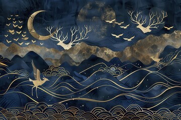 opulent art deco mural dark blue and gold waves with deer and birds digital wallpaper