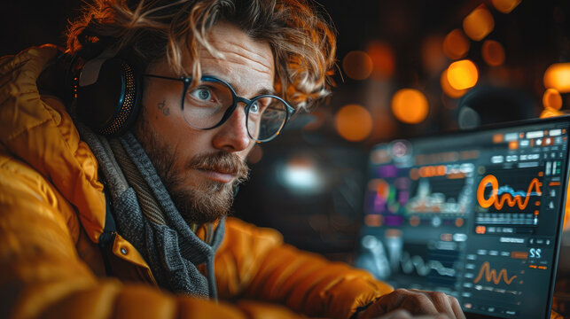 A confused person looking at complex crypto charts and graphs on a laptop screen, while easily managing their crypto investment portfolio on a user-friendly mobile app interface. Generative AI.