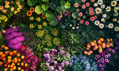 Wall Mural - A stunning overhead shot of a vibrant spring garden in full bloom, with an array of colorful flowers