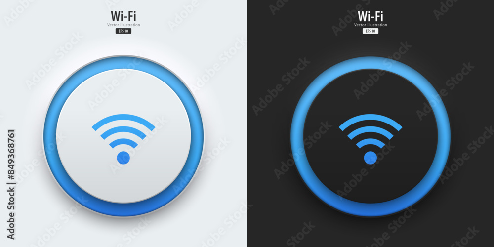 Wireless icon. A set of black and white buttons have blue neon lights ...