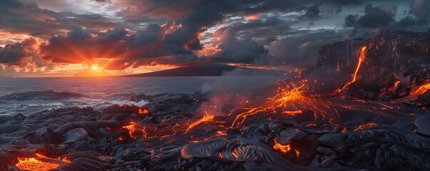 Wall Mural - Dramatic sunset over a volcanic coastline with lava flows, 4K hyperrealistic photo