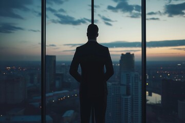 Canvas Print - a businessman looking out of a window at the city at dusk