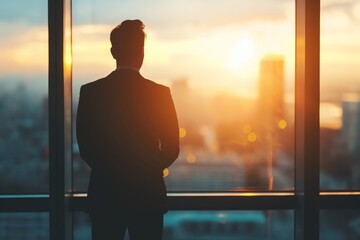 Canvas Print - a businessman looking out of a window at the sunset