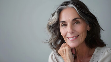 Close-up portrait of a mature woman with grey hair smiling, looking at the camera against a neutral background, perfect for personal care and eldercare design.