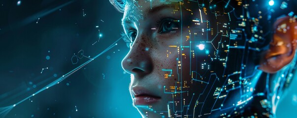 Aufkleber - Futuristic cybernetic portrait, blending human features with digital enhancements and futuristic elements, hyperrealistic 4K photo.