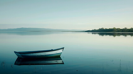 Naklejka na meble A lone boat floating on a calm outback lake, offering copy space for text, ideal for tranquil, serene, and nature-themed designs.