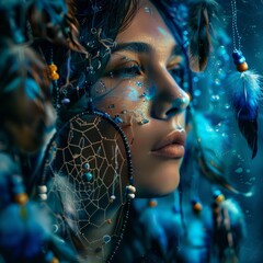 Poster - Surreal Dreamcatcher Portrait, with dreamlike elements and mystical symbolism, hyperrealistic 4K photo.