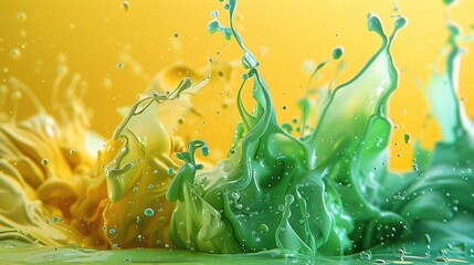 Poster - Tropical 3D ink splashes in vivid green and yellow forming abstract art. Generative AI.