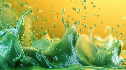 Poster - Tropical 3D ink splashes in vivid green and yellow forming abstract art. Generative AI.