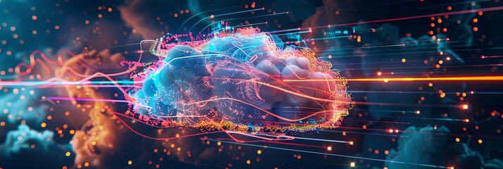 Fototapete - A digital representation of a cloud computing system with vibrant colors and lines, showcasing data processing and AI operations within the cloud environment. Generative AI