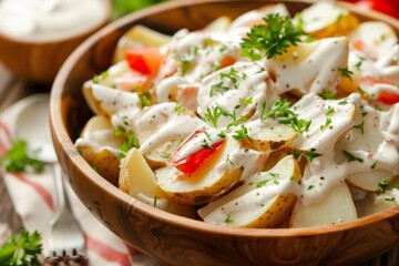 Homemade potato salad in wooden bowl with creamy dressing