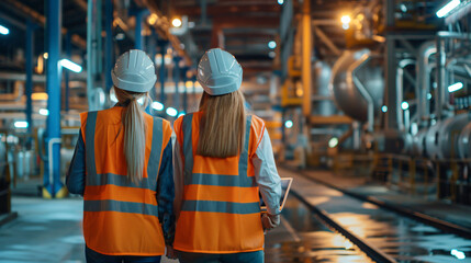 Two women in safety gear inspecting the manufacturing area of a factory