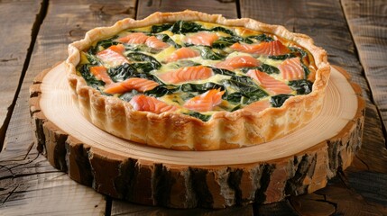 Wall Mural - savory salmon spinach quiche on rustic wood backdrop