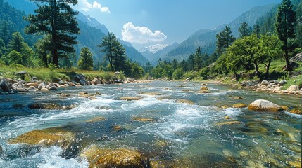 Poster - River rapids in mountain valley, clear water, rugged terrain, serene and majestic, natural beauty. Generative AI.