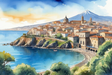 Wall Mural - Catania cityscape watercolor style