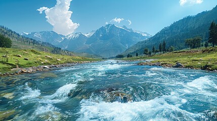 Poster - River rapids in mountain valley, clear water, rugged terrain, serene and majestic, natural beauty. Generative AI.