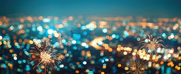 Abstract blurred cityscape background with fireworks in the sky Blurred panoramic view of night metropolis with sparkling lights and firework display Generative AI