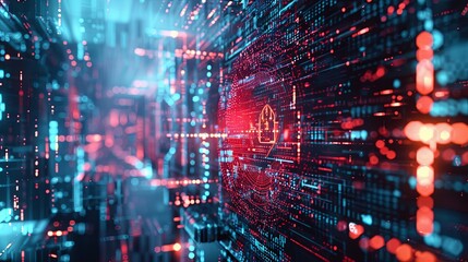 Aufkleber - A digital rendering depicting a futuristic cybersecurity network with AI-powered locks, shields, and network nodes. Generative AI