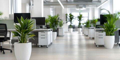 Wall Mural - Creating a Productive Workspace Bright, Airy Office with Plants, Natural Light, and Open Layout. Concept Workspace Design, Productivity Tips, Office Plants, Natural Lighting, Open Layouts