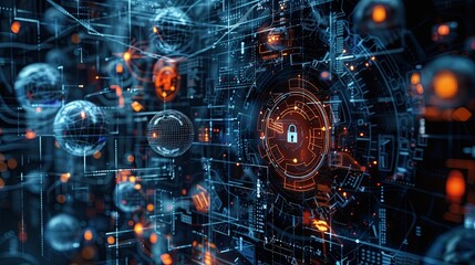 Aufkleber - Digital abstract network with nodes protected by AI algorithms and enhanced security measures—symbolizing the power of modern cybersecurity. Generative AI