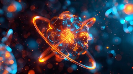 Glowing digital illustration of an atom with bright particles, representing nuclear energy and scientific research.