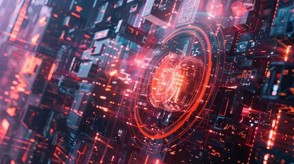 Aufkleber - An abstract illustration of cybersecurity elements, including digital locks, shields, and network nodes, all protected by AI algorithms. Generative AI
