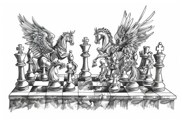 Poster - A black and white drawing of a chess game in progress