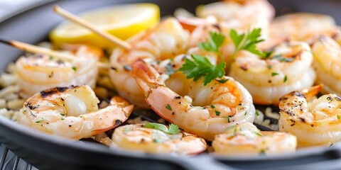 Wall Mural - Lemon and parsley garnished grilled shrimp scampi. Concept Seafood Recipes, Grilled Shrimp, Lemon Garnish, Parsley, Scampi Recipe