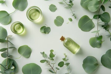 Wall Mural - A bottle filled with green liquid surrounded by green leaves