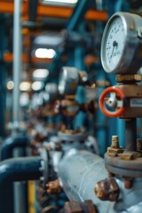 Poster - Close up of industrial pipes and valves in a factory or mechanical setting, suitable for use as a background or detail image