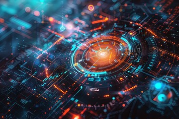 Leinwandbilder - A digital illustration showcasing a futuristic cybersecurity network, protected by AI algorithms. It features digital locks, shields, and network nodes. Generative AI