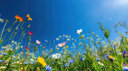 Wall Mural - spring meadow filled with wildflowers under a clear blue sky 