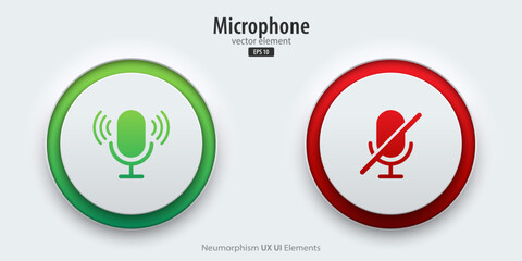 Microphone icon. White buttons have neon lights with a microphone on-off symbols. 3D icon in trendy neumorphic style for apps, websites, and interfaces. UI UX element. Vector illustration.