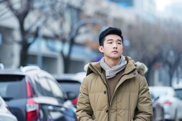 Poster - A person dressed in winter clothing stands in a parking lot, possibly waiting for someone or something